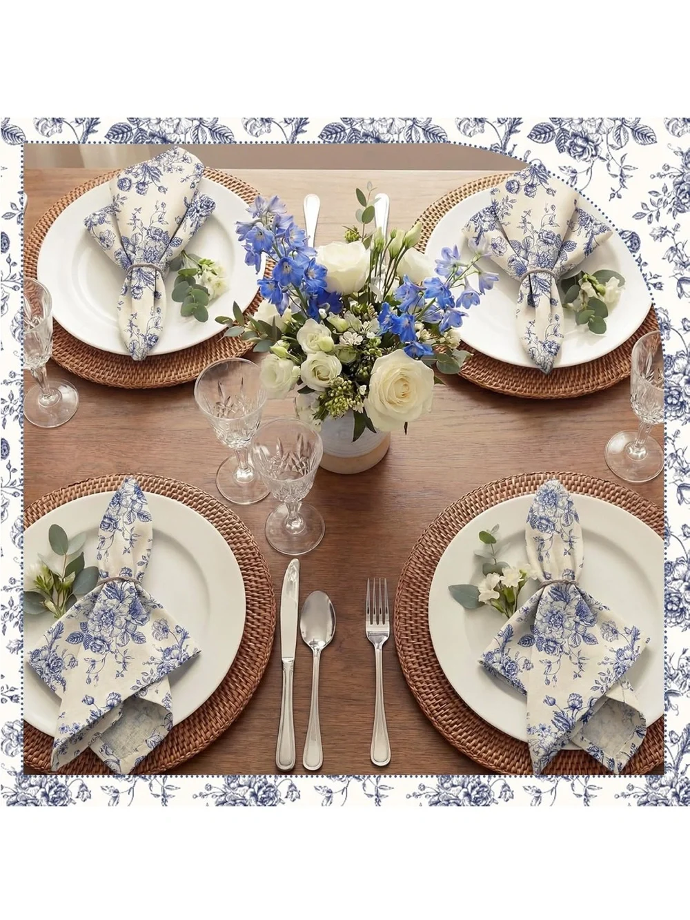 NEW Mindsoft Blue Floral Linen Napkins - Set of 12